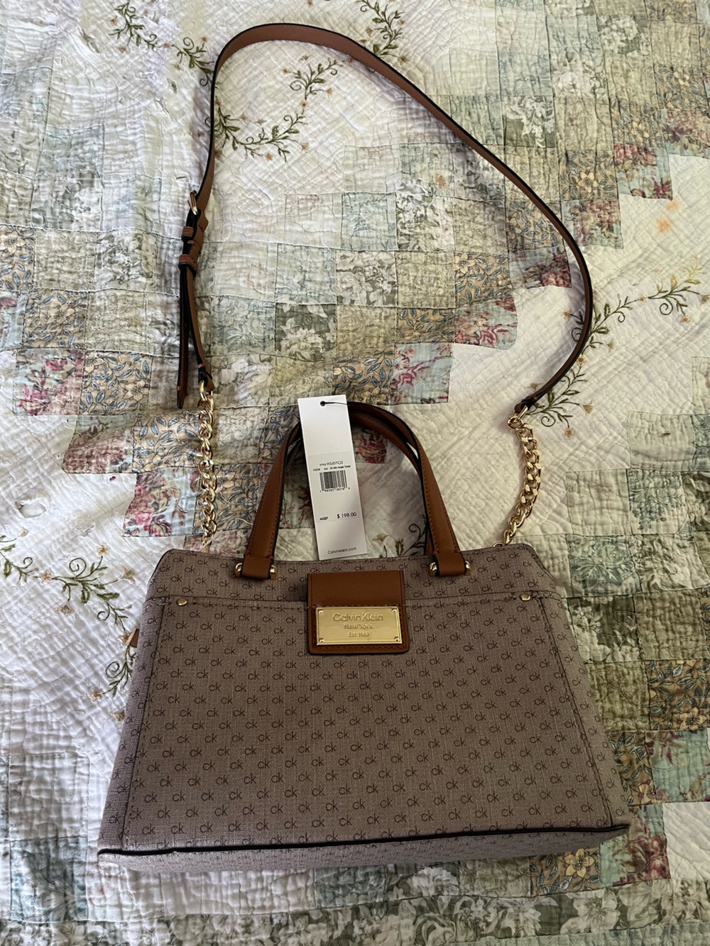 Calvin Klein Brown Monogram Satchel with Gold Accents